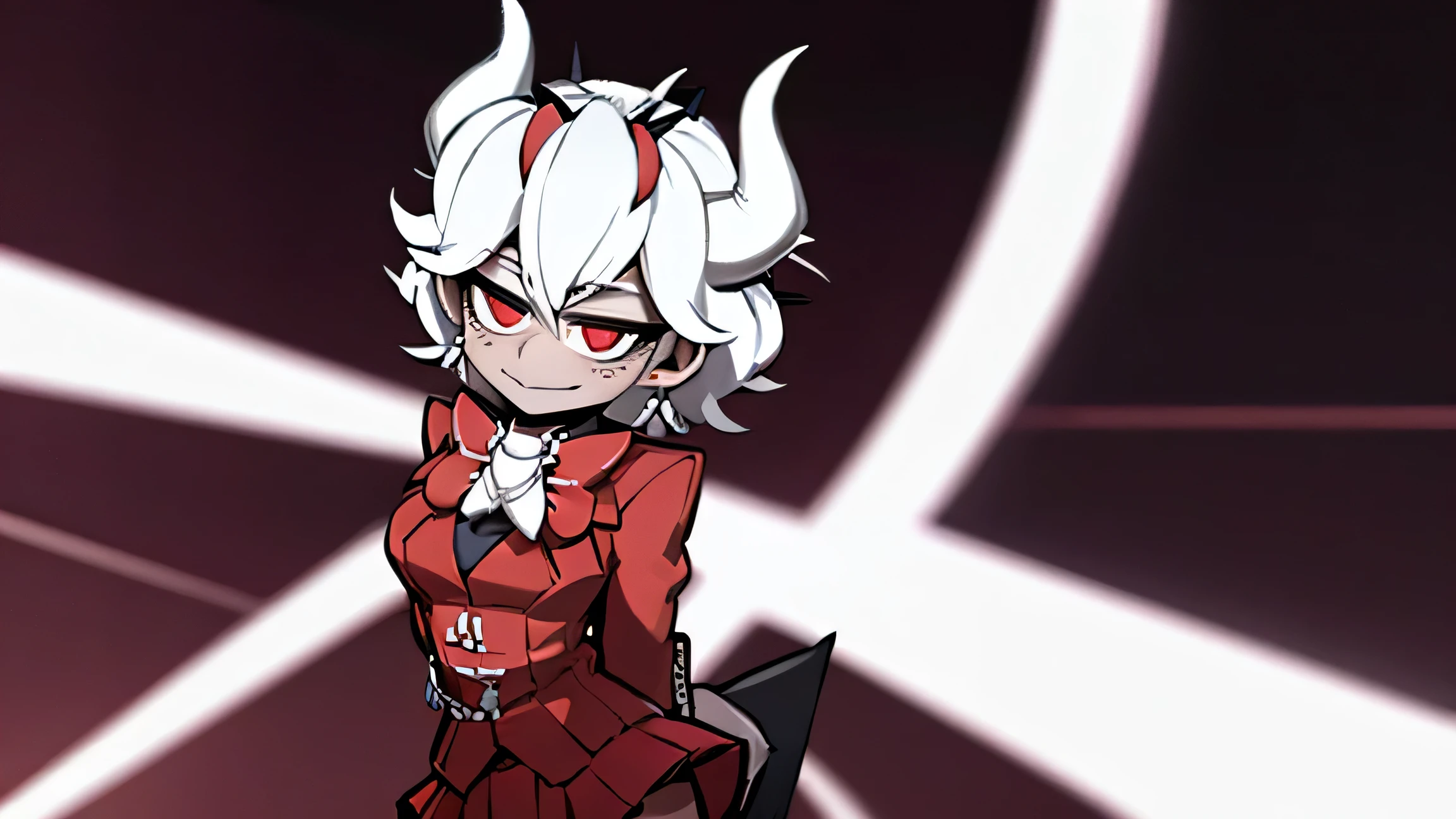 beelzebub(helltaker), red bowtie,1girl, looking at viewer, red eyes, demon horns, white hair, smile, earrings, closed mouth, demon girl, 
red gloves, gloves, jewelry, horns, white horns, solo, hair between eyes, cowboy shot, solo, short hair, school uniform, skirt, standing, leaning forward, arms behind back, smile, classroom