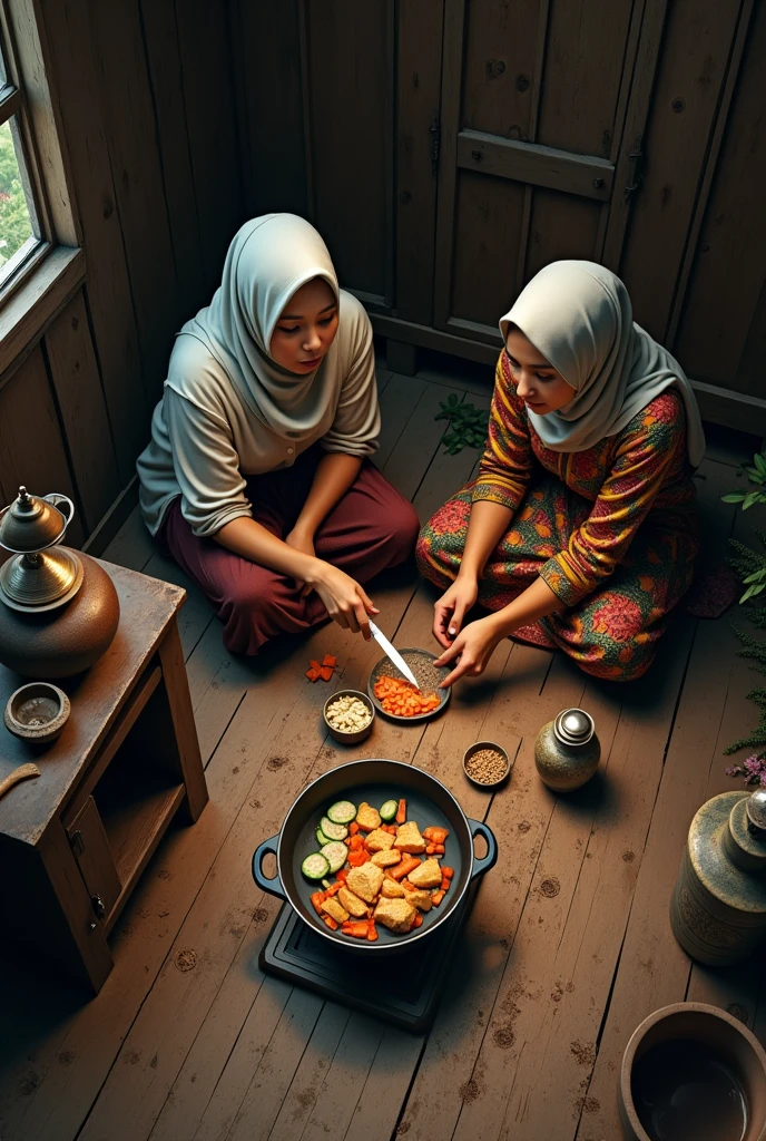 a malay hijab beauty woman wear a shabby shirt and a batik sarong, sitting down on a wooden floor in a wooden kitchen, cutting a vegetable and a meat with her friend, old kettle on stove, a meal in a wok clay stove, old urn,  aerial top angle, at night