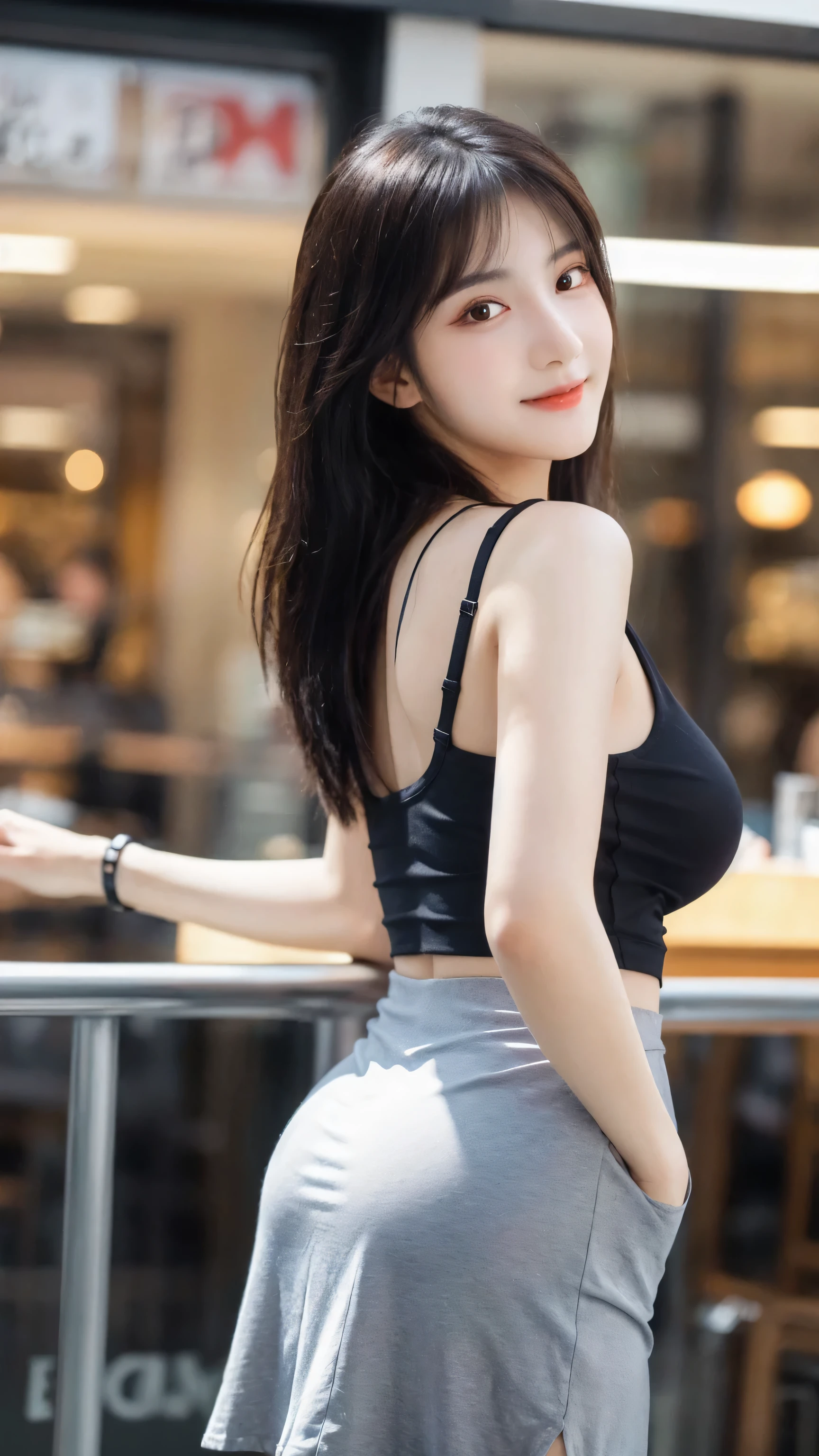 (8k, RAW Photo, Best Quality, Masterpiece:1.2), table top, Ultra Detail, Super Resolution, (Realistic, Realistic Photo:1.37), Portrait, High Detail RAW Color Photo, Professional Photo, Extremely Detailed and Beautiful, Extremely detailed, 8k wallpaper, amazing and detailed, huge file size, official art, highly detailed CG unity 8k wallpaper, highly detailed beautiful girl, highly detailed face, highly detailed eyes, highly detailed skin, highly detailed fingers, highly detailed nose, very detailed detailed mouth , perfect anatomy, highly detailed background, highly detailed clothes, 1girl, ,cute girl, realistic body, fair skin, glowing skin , slim body, handsome body, black hair , Semilong hair, (blunt bangs:1.2), smile, cute, youthful, cute face, realistic face, delicate eyes, drooping eyes, looking at viewer, (from behind), standing posture, Contraposto, dynamic lighting, (big breasts), (Perfect Body Proportions), (slender Body Proportions), see-through tank top, see-through mini skirt,