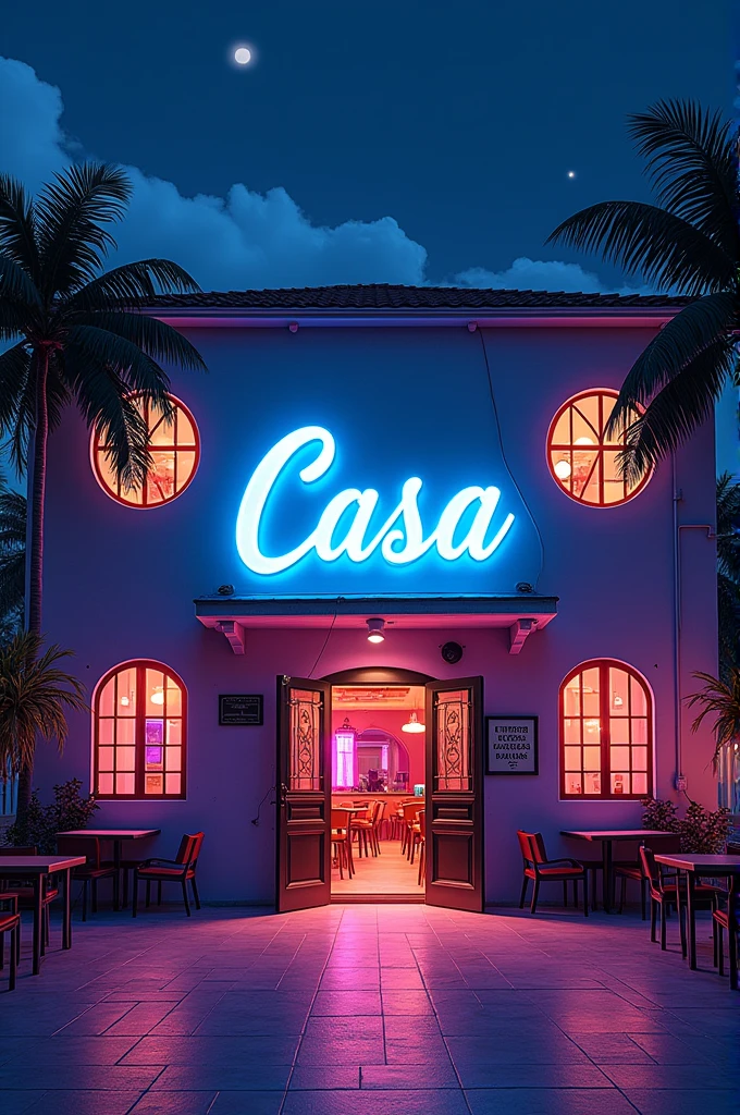 Casa de show, with glass windows, large area in front with some chairs and tables, large sign above the front door, large open entrance door, circular shaped windows, unrealistic, drawn, small sign on the wall saying "prohibited drinks", indoor party, events house, coconut trees outside, neon, lights, natta, parties, animadas, sound box, huge hall inside, party going on , floodlight lights 