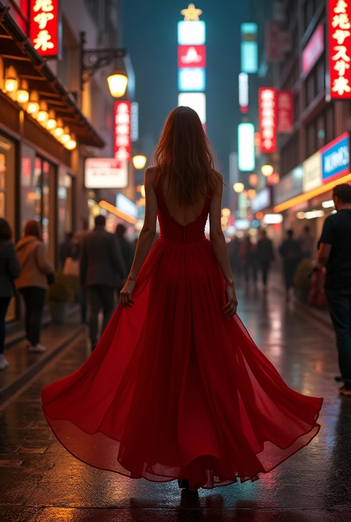 Beautiful Woman with long red dress walking down a street at night, night light, busy street, high resolution, high quality, ultra high resolution