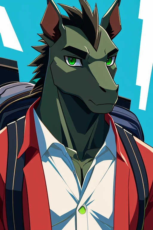 (Anime), (furry), (vivid colors), (male), (athletic, toned, not over bulk build), (beautiful detailed eyes), (green eyes), (natural lightning), (cold and solf tones), (perfil), (reflexive expression), (close-up shot), (big backpack), (minimalist background), (formal clothing)