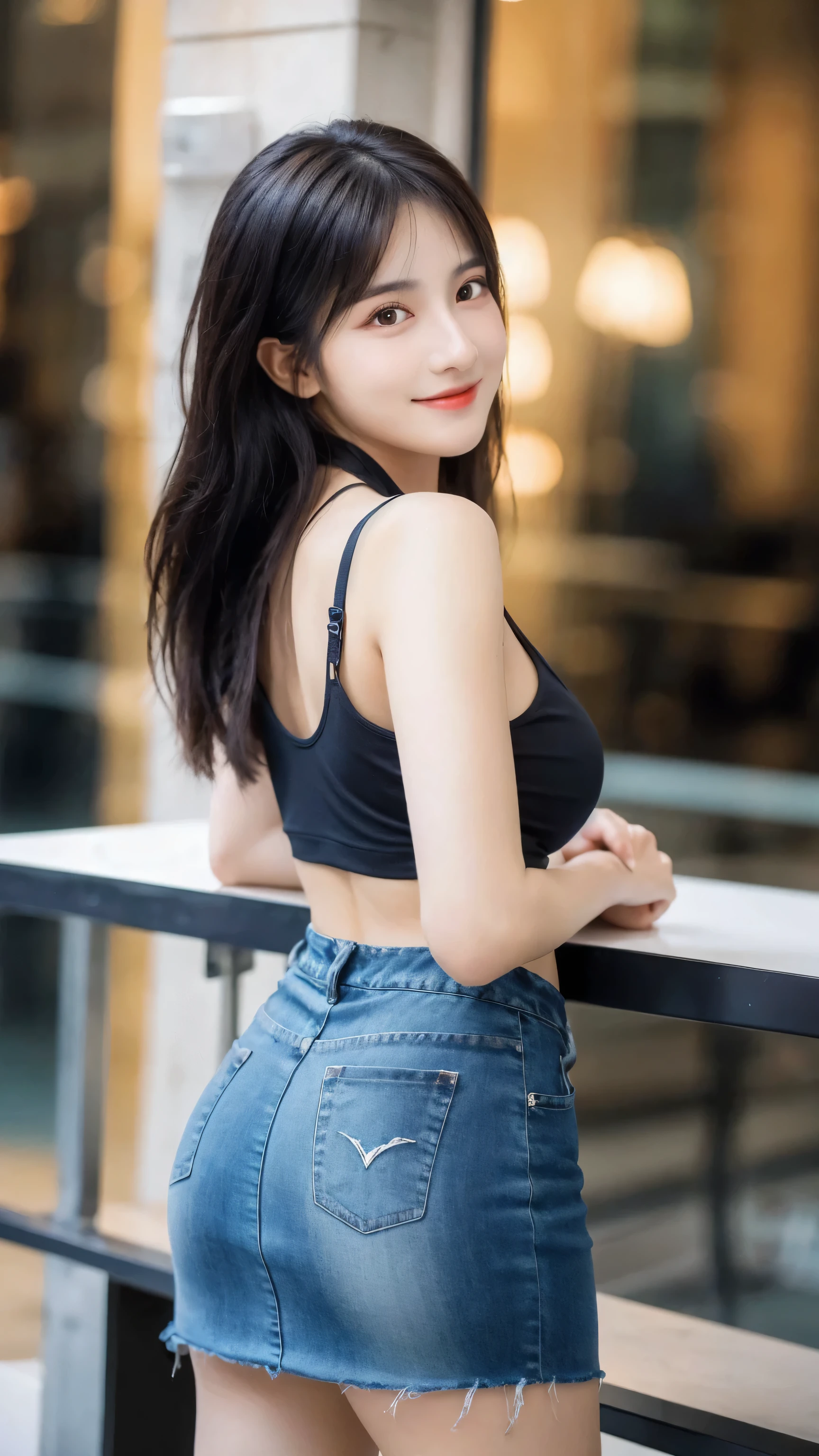 (8k, RAW Photo, Best Quality, Masterpiece:1.2), table top, Ultra Detail, Super Resolution, (Realistic, Realistic Photo:1.37), Portrait, High Detail RAW Color Photo, Professional Photo, Extremely Detailed and Beautiful, Extremely detailed, 8k wallpaper, amazing and detailed, huge file size, official art, highly detailed CG unity 8k wallpaper, highly detailed beautiful girl, highly detailed face, highly detailed eyes, highly detailed skin, highly detailed fingers, highly detailed nose, very detailed detailed mouth , perfect anatomy, highly detailed background, highly detailed clothes, 1girl, ,cute girl, realistic body, fair skin, glowing skin , slim body, handsome body, black hair , Semilong hair, (blunt bangs:1.2), smile, cute, youthful, cute face, realistic face, delicate eyes, drooping eyes, looking at viewer, (from behind), standing posture, Contraposto, dynamic lighting, (big breasts), (Perfect Body Proportions), (slender Body Proportions), see-through tank top, see-through mini skirt,