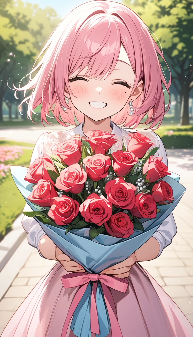 (1 girl), (Best Picture Quality, 8K, Masterpiece:1.3), (high school student:1.5), ((pink lob hair:1.1)), (bob cut), (swept bangs), (cute eyes, pupil black, iris skyblue, youthful face), (mole under right eye), (standard weight), (small breasts), (big hip), (glistening skin:1.1), (pale skin:1.2), BREAK red roses bouquet, (bouquet of roses held by both hands:1.4), (smiling broadly with eyes closed:1.3), (joyful expression:1.3), BREAK dress with lace details, flowing skirt, white satin fabric with light pink floral embroidery, (vibrant and elegant:1.2), (waist cinched with a light pink ribbon:1.2), (delicate pearl earrings:1.2), BREAK portrait, looking at the viewer, (capturing a moment of pure happiness:1.3), BREAK sunny background, light breeze, warm natural light, flowers blooming in the background, (spring day in a park:1.2).