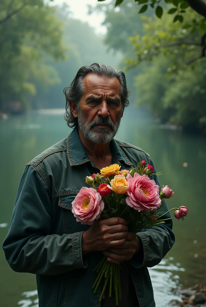 Man crying in front of river holding flowers in hand