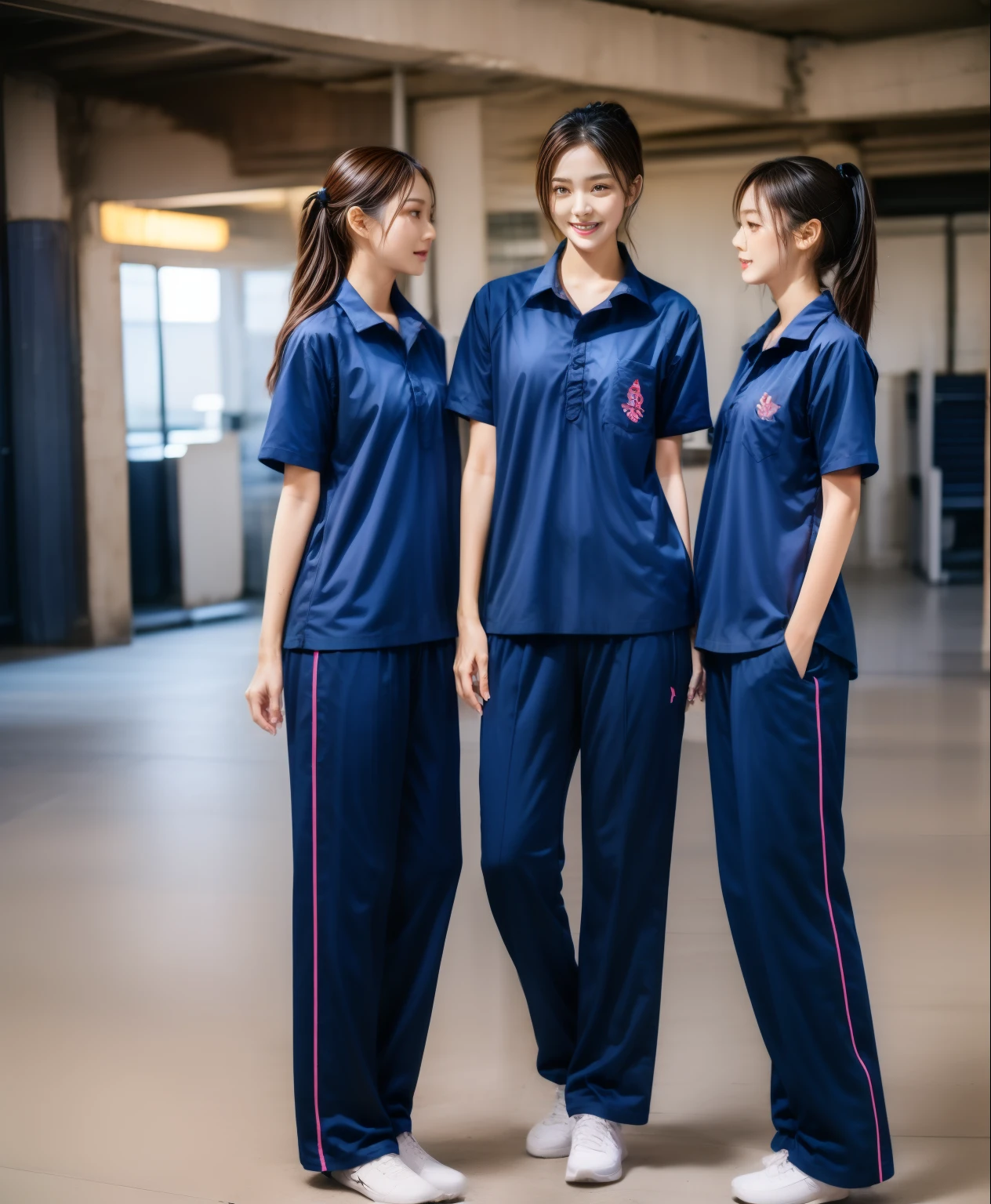 3 girls in garage, Navy blue short-sleeved shirt,Navy Long Trackpant,Sweatpants, Sweatpantsขายาว,2 girl, lesbian, sexy, exercise clothes, wet body, exercise clothes