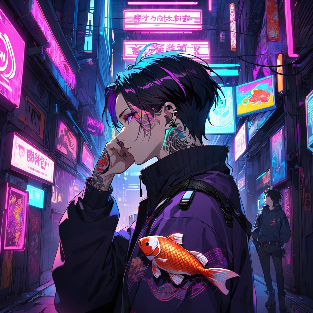 1man, short blackhair, fox ears, purple eyes, wearing purple coat, wearing black pants, wearing black undershirt, tattoos on arms,  colorful japenese koi tattoos, cyberpunk, profile picture perspective, neon, showing face.
