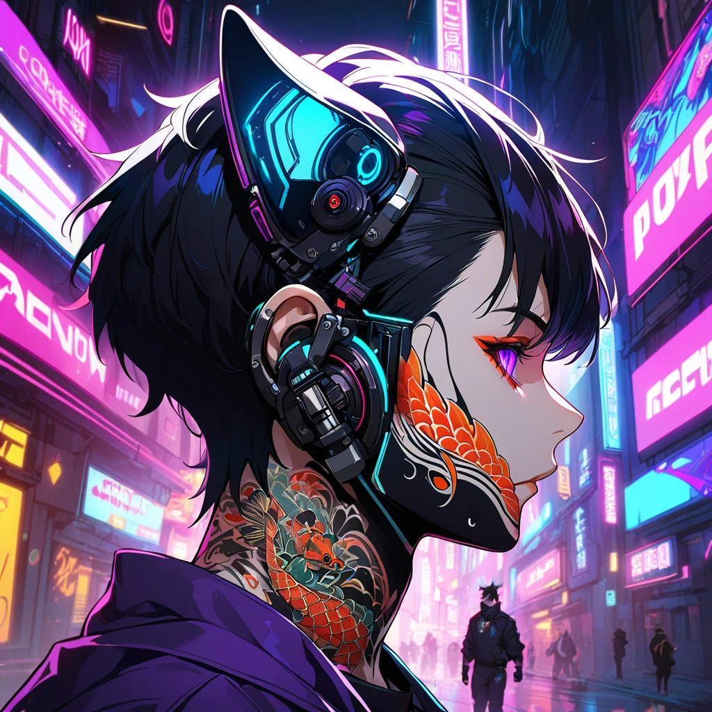 1man, short blackhair, fox ears, purple eyes, wearing purple coat, wearing black pants, wearing black undershirt, tattoos on arms, colorful japenese koi tattoos, cyberpunk, profile picture perspective, neon, showing face.