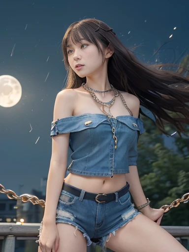 Japanese female, (underweight), (medium bust best quality:1.5), 30 years old,
city, annoyed, standing, long hair, (red off shoulder top), (denim shorts), (with a chains), (swinging the chain:1.3), (Epic Battle Scene), with a moon, (at midnight:1.2), full body shot, (from below), (motion blur:1.4), moonlight