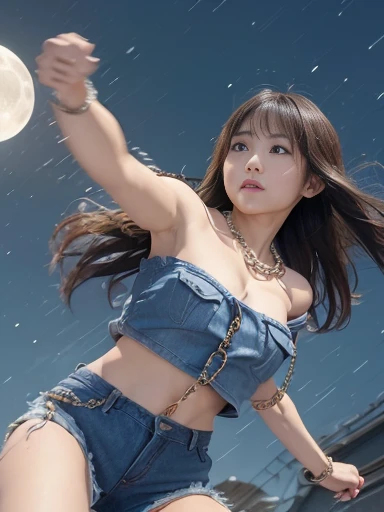Japanese female, (underweight), (medium bust best quality:1.5), 30 years old,
city, annoyed, standing, long hair, (red off shoulder top), (denim shorts), (with a chains), (swinging the chain:1.3), (Epic Battle Scene), with a moon, (at midnight:1.2), full body shot, (from below), (motion blur:1.4), moonlight