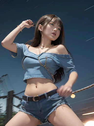 Japanese female, (underweight), (medium bust best quality:1.5), 30 years old,
city, annoyed, standing, long hair, (red off shoulder top), (denim shorts), (with a chains), (swinging the chain:1.3), (Epic Battle Scene), with a moon, (at midnight:1.2), full body shot, (from below), (motion blur:1.4), moonlight