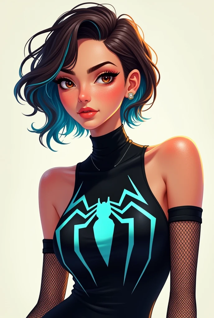 ((art animation 2D)) 20 year old woman with short wavy brown hair with dark blue dyed tips, Brown eyes, with good body, wearing black clothes, wearing a sleeveless black dress with a turquoise Spiderman logo on the chest with mesh sleeves