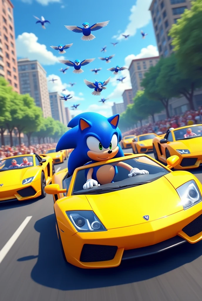 Several yellow cars with yellow sonic driving and making some blue birds fly