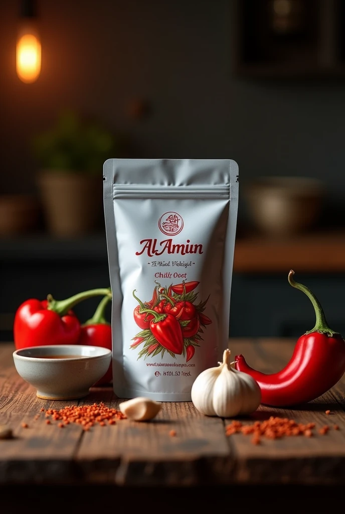 "Create a promotional image for a premium chili oil product named 'Al Amiin Original Flavor.' The text must red dark color, The chili oil is packaged in a sleek, gray aluminum foil retort pouch. The pouch has a flat, flexible design with a front label featuring elegant product named "Al Amiin Natural" add red text "Chili Oil Original Flavor" in black, text must be clear to see. Place the retort pouch in the center of the image on a rustic wooden table, slightly leaning against a small bowl of chili oil. Surround the pouch with fresh red chili peppers, garlic cloves, and a sprinkle of chili flakes. The background should be a dark, blurred kitchen scene with warm lighting to create a cozy, artisanal feel. Add a subtitle text overlay in the upper right corner that reads 'Spice Up Your Meals with Al Amiin RM12 Only.'"