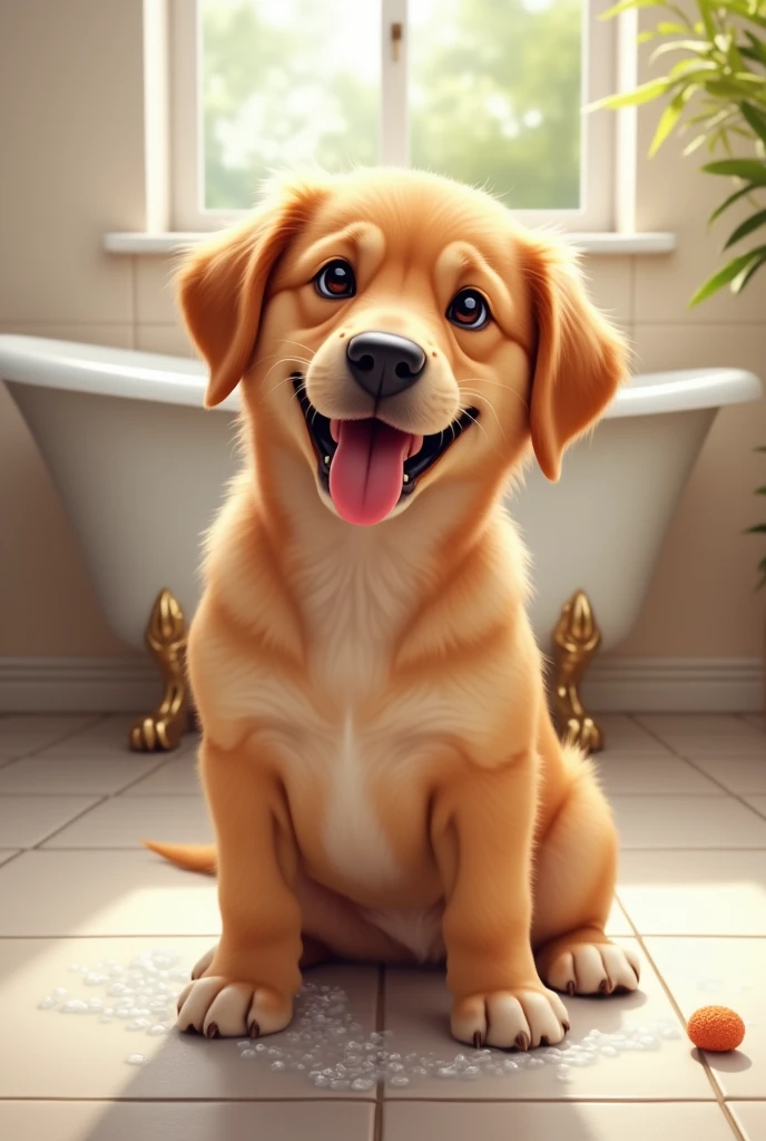 Create a picture of a happy dog in the bathroom 