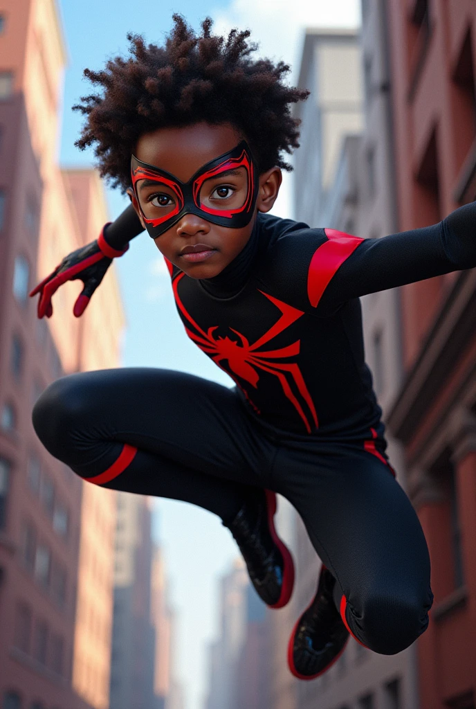 Crie uma imagem de Caleb McLaughlin como Miles Morales. He must have a young and expressive face, with curly and well-groomed hair. Dress him up in the classic Spider-Man costume: a mask with red and black details, a black full body uniform with red emblems. Show it in a dynamic pose, perhaps swinging between buildings or on a building wall.