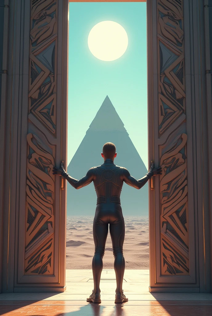 Un homme avec des vêtements futuristes pousse des deux mains des portes futuristes et décoré avec des motifs géométriques et face à lui une pyramide et au dessus le soleil. 