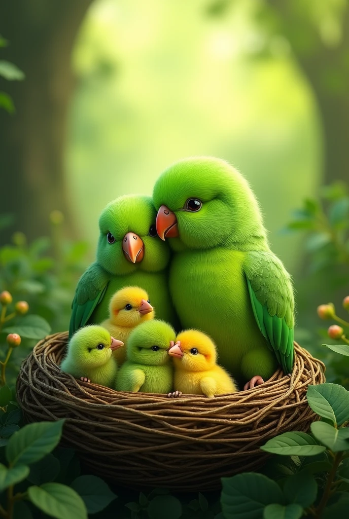 Picture of 4 green chicks and 2 large green parrots, the whole family in the nest, only 4 chicks with the father, but all of them are green