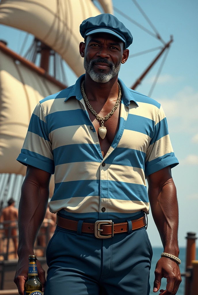 Black man in blue hat, blue and white horizontal striped cotton shirt, dark blue pants, shell necklace, a bottle in hand, in the style of a sailor in front of a ship