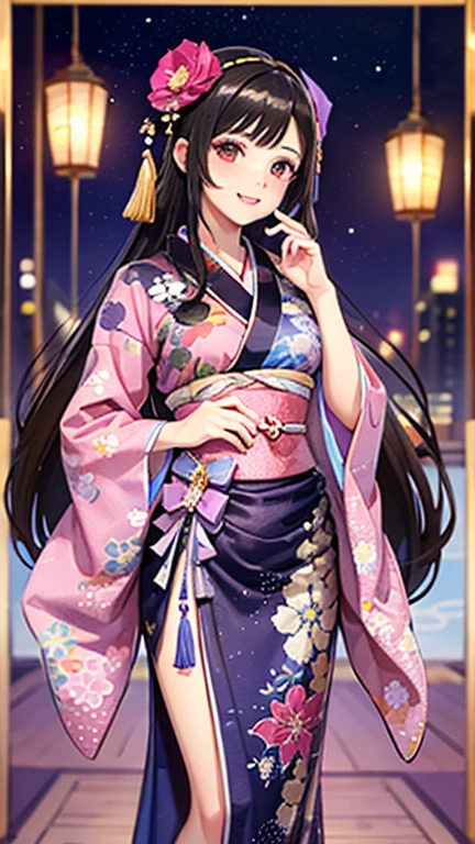 SeaArt creates beautiful anime illustrations of beautiful women in kimono、A beautiful woman smiles and shows her upper white teeth、Vividly colored ukiyo-e-style anime illustrations、Brown-black long hair、Beautiful full body style、Beautiful and innovative anime paintings,、 Detailed anime art、Beautiful anime portraits、