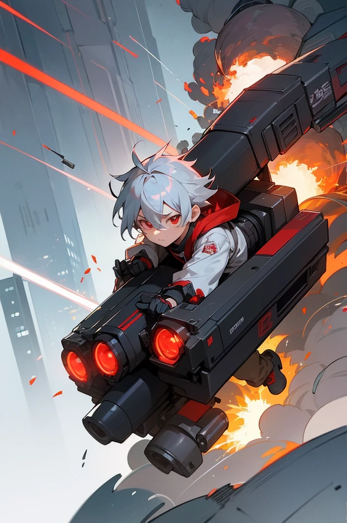 A boy of about with silver hair and red eyes is blowing up the city. Shota Cyborg. His right arm has been transformed into a cannon.、Red energy is emitted、It's piercing the building, launching missiles from the six-barreled catapults equipped on both shoulders, carrying out a bombing attack.