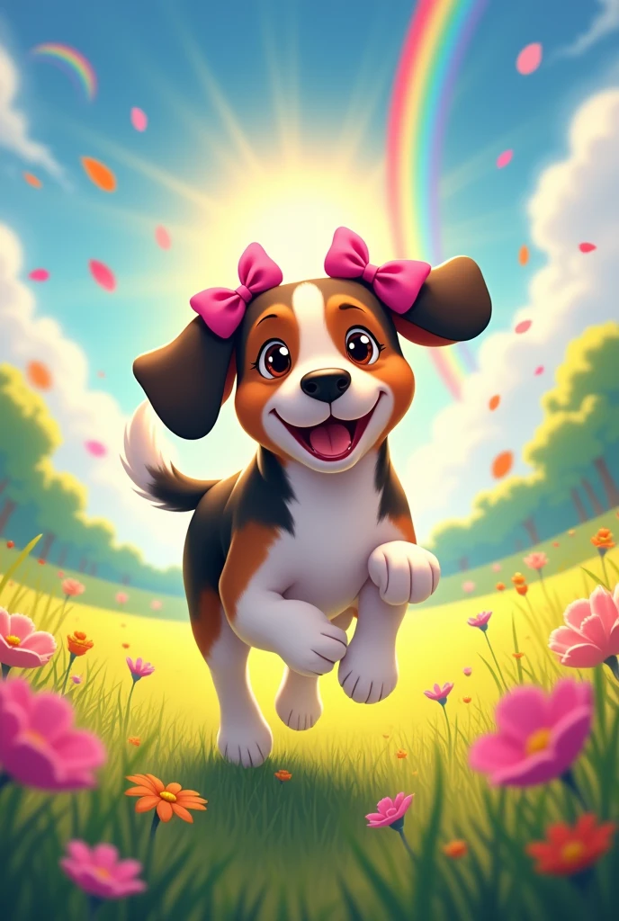 Tricolor black brown and white beagle, female with two pink bows on her ears, He is running happily in a meadow with flowers, the sky with the sun very colorful and with rainbows