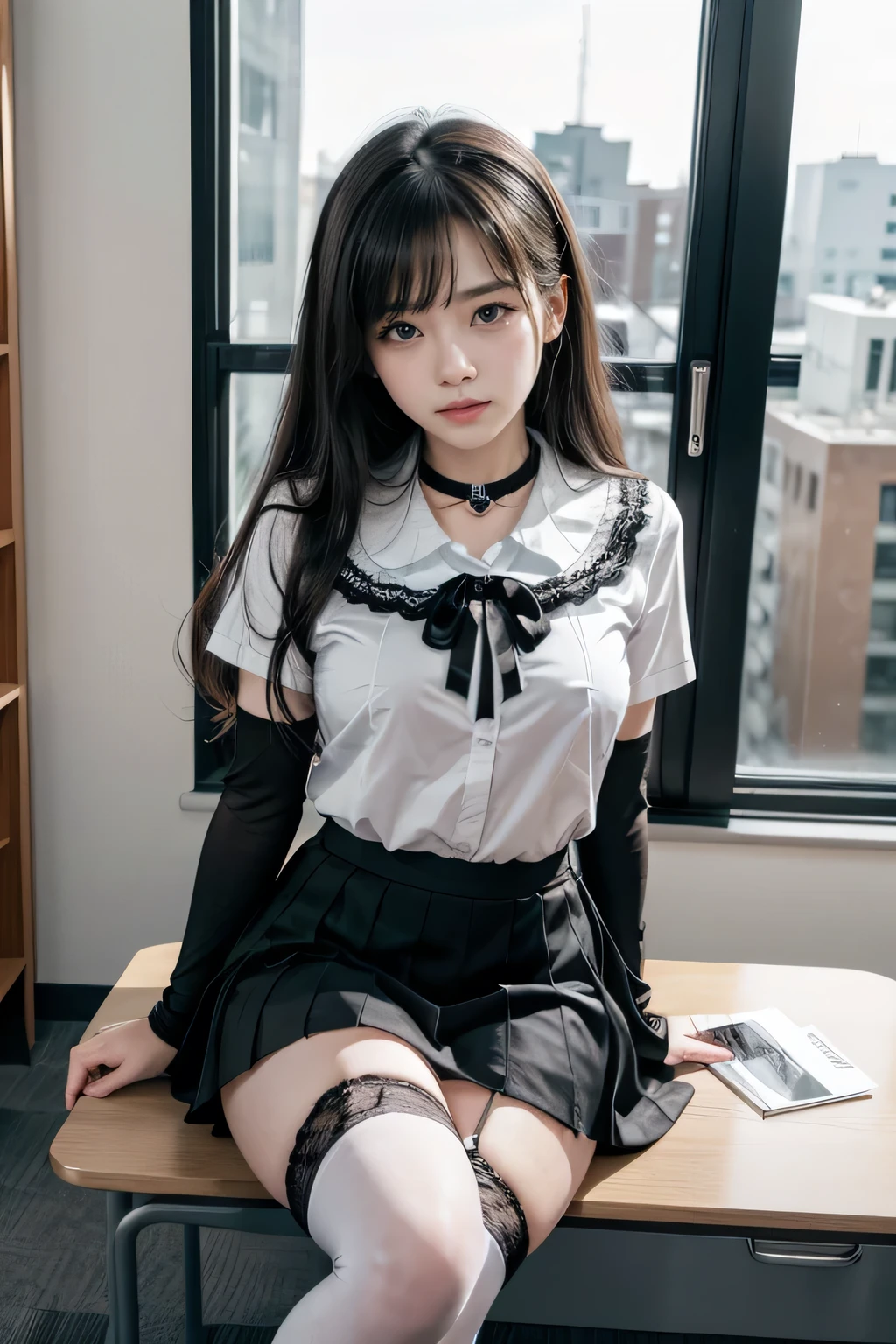 , School girl, white and black uniform, white and black skirt, black lace choker, white lace thigh highs, looking at viewer, class room background, sitting on desk, seductive, dark eyeliner, sexy eyeliner,