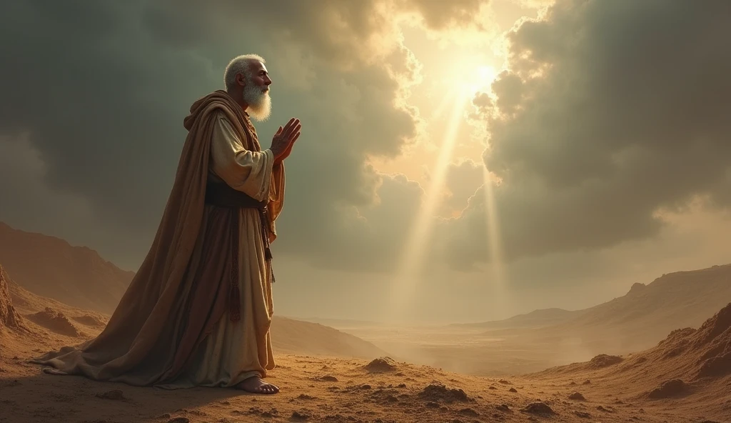 A deeply moving biblical scene showing Job in a state of mourning and humility. He is portrayed standing and looking at the ground with his white beard, his torn clothes and his dirty cloak, in an arid landscape, with his clothes torn and his head shaved as a sign of grief. The surrounding area is barren, reflecting the desolation he feels. Despite the crushing loss, Job is shown in a posture of worship, with his hands open as he prays. The sky above is a mixture of dark clouds and a small ray of light, symbolizing his unshakable faith in God even in the midst of profound suffering, as described in the story of Job. sun
