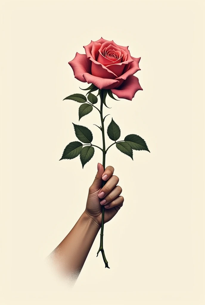 Sketch for a tattoo on the shoulder in the form of a rose with a long stem and leaves held by the paw of a lioness style realism vertical composition with light color background for t-shirt design
