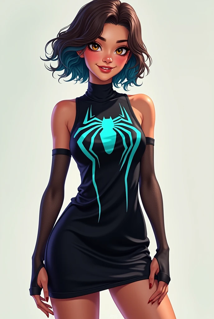 ((art animation 2D)) 20 year old woman with short wavy brown hair with dark blue dyed tips, Brown eyes, with good body, wearing black clothes, wearing a sleeveless black dress with a turquoise Spiderman logo on the chest with mesh sleeves