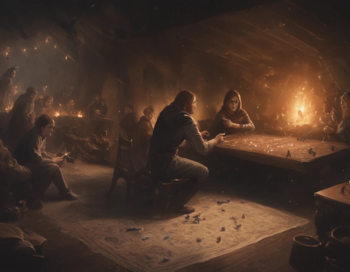 Young geek friends playing rol games and board games in a warmy room. Realistic. Magic. Fairy. Dungeons & Dragons party