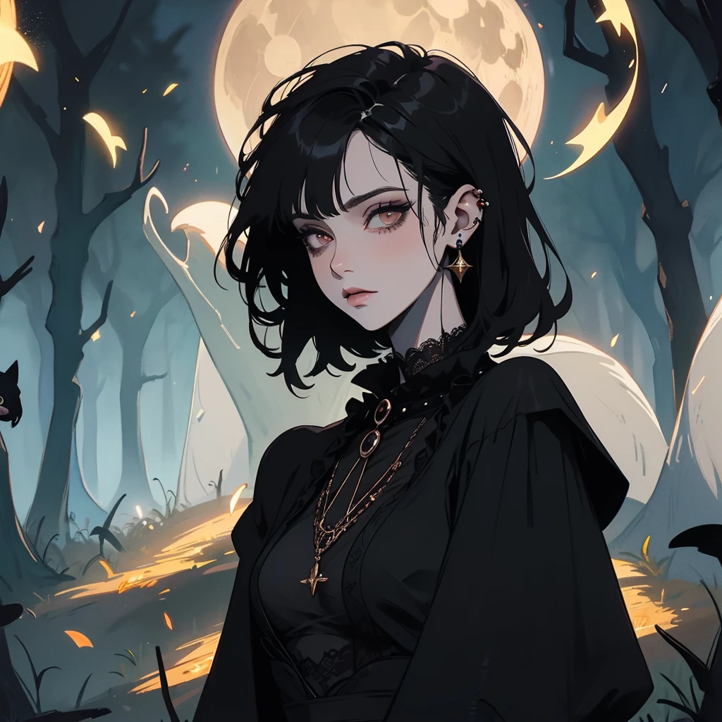 A beautiful witch with amber brown eyes, small slanted eyes, a small mouth, pale skin, a pixie cut shaved black hair, an eyebrow piercing, an ear piercing, gazing into a luminous magic mushroom, in a nighttime forest, with an owl nearby, mushrooms scattered on the ground, a black cat, a starry sky with a waning moon, dark composition, dark illuminated, witch aesthetic, watercolor painting, intricate details, high quality, masterpiece, photorealistic, 8k resolution, ultra-detailed