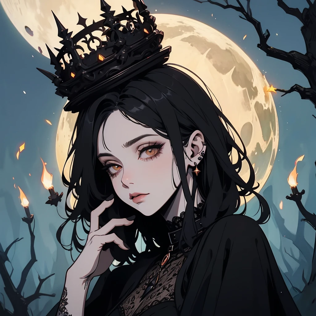 A beautiful witch with amber brown eyes, small slanted eyes, a small mouth, pale skin, a pixie cut shaved black hair, an eyebrow piercing, an ear piercing, gazing into a luminous magic mushroom, in a nighttime forest, with an owl nearby, mushrooms scattered on the ground, a black cat, a starry sky with a waning moon, dark composition, dark illuminated, witch aesthetic, watercolor painting, intricate details, high quality, masterpiece, photorealistic, 8k resolution, ultra-detailed