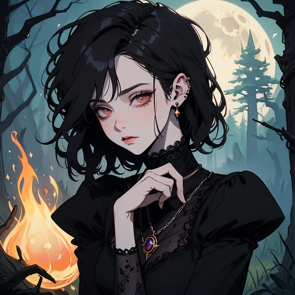 A beautiful witch with amber brown eyes, small slanted eyes, a small mouth, pale skin, a pixie cut shaved black hair, an eyebrow piercing, an ear piercing, gazing into a luminous magic mushroom, in a nighttime forest, with an owl nearby, mushrooms scattered on the ground, a black cat, a starry sky with a waning moon, dark composition, dark illuminated, witch aesthetic, watercolor painting, intricate details, high quality, masterpiece, photorealistic, 8k resolution, ultra-detailed