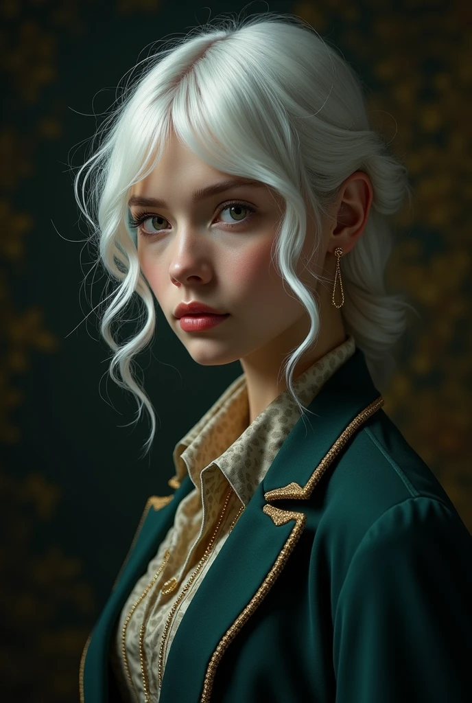 Hyperrealist portrait of female by david hockney and alphonse mucha,fantasy art, photo realistic, dynamic lighting, artstation, poster, volumetric lighting, very detailed faces, 4 k, award winning,, 1girl, in the dark, deep shadow, low key,cowboy shot,(official clothing:1.4) ,long hair,white hair,