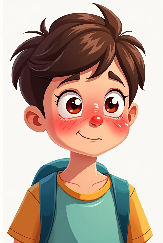 I am looking for an illustration for a student with aconjunctivitis and red and itchy eyes. Drawing style: Modern and vector, with smooth, clean lines, and vibrant colors. Cartoonish but realistic. Color: Using a palette of bright and contrasting colors that are pleasant and eye-catching. FORMAT: Illustrations arranged in a book or manual style. This illustration is intended for a guidance and training manual, so it must be clear, accessible and visually appealing."