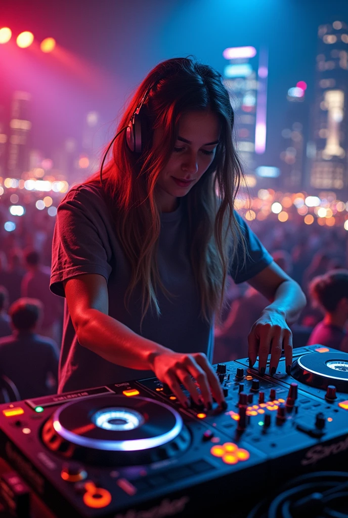 Imagine a female DJ in a moment of inspiration, equipment while mixing your music. Capture an interaction between her and the sound equipment, with the lights flashing to the rhythm of the music. The city in the background should reflect the vibe of the beat.