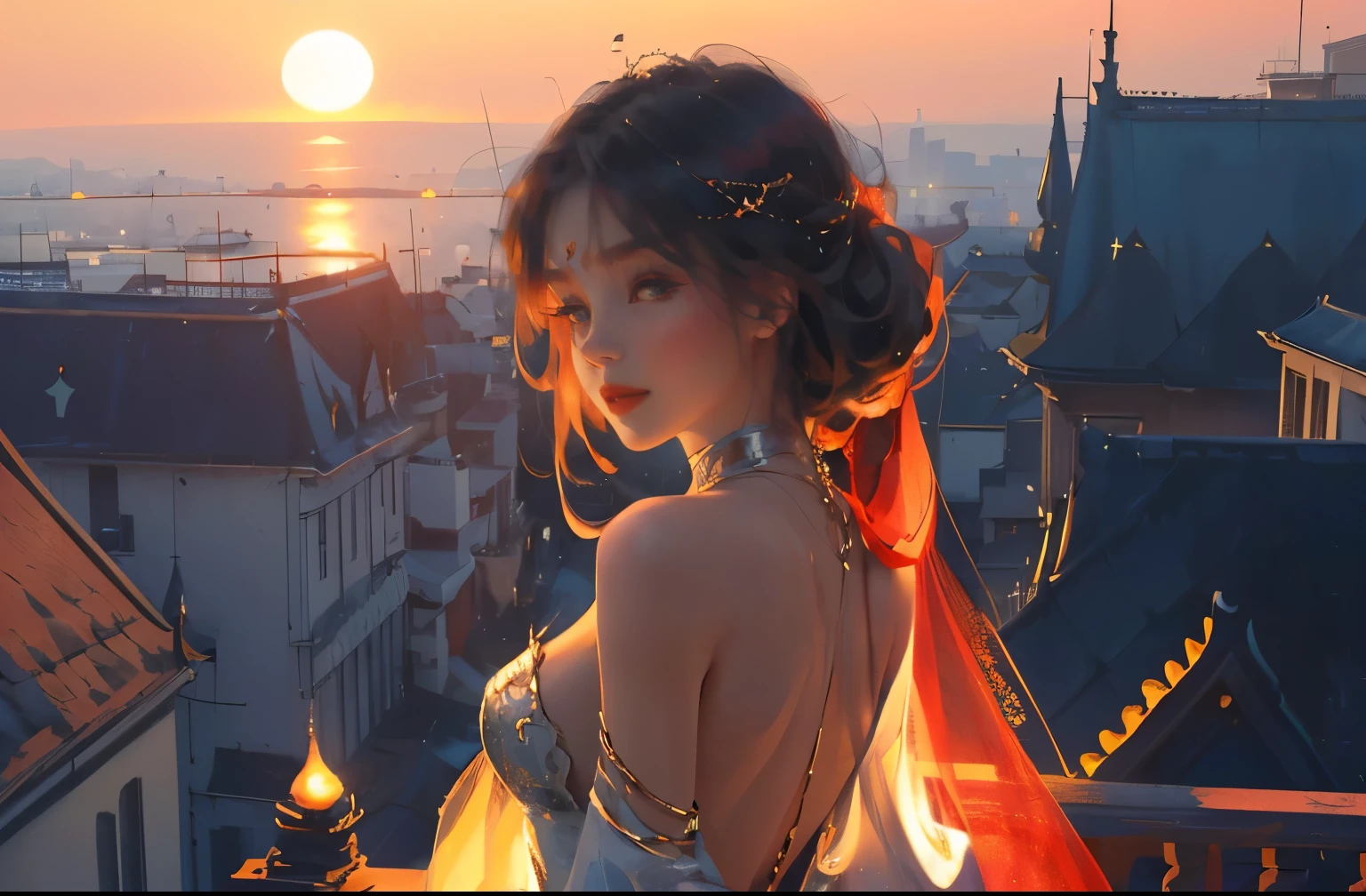 (practical, Photorealistic:1.37), (masterpiece, Highest quality:1.2), (Ultra-high resolution:1.2), (Original photo:1.2), (Clear focus:1.3), (Face Focus:1.2), (Highly detailed CG Unity 8k wallpaper:1.2), (Beautiful Skin: 1.2), (Pale skin:1.3), (Super sharp focus: 1.5), (Super sharp focus:1.5), (Beautiful and clean face:1.3), (非常にDetailed Background, Detailed Background:1.3), Bokeh, Depth of written boundary, rest, Image of a Very Cute and Beautiful Japanese Woman, , business suit, (2:1.1), smileの少女の肖像画, Full body image, from the front, Symmetrical Configuration, (Studio Lighting:1.3), (Cinema Lighting:1.3), (Rear window lighting is backlit:1.3), (surface light:1.3), Light Enveloping Her Entire Body, Looking straight at you, Persistence, Sexy model posing, rest, (Chestnut Half-Hair:1.2), Light green eyes, Beautiful Eyes, Princess Eyes, Mahogany Hair, A single hair, bangs, slim, Abdominal muscles, (Huge breasts;1.35), (Willow West:1.15), (Details of a beautiful girl:1.4), (Elegant and gorgeous deep red lace silk red wedding dress:1.3), (BaliOcean view背景:1.2), (smile, happiness:1.3), ((Perfect female body)), (Upper body image:1.3), Encircling the head, Perfect Dramatic, Volumetric lighting, Professional majestic oil painting, Glowing Skin, CT Anatomy, Perfect Proportions, 8.Five Really Small, Face Focus, Ultra practical Photo, Extremely clear images, Ultra-high definition images, Bali, Ocean view, nature, External, ((walking beach:1.2,evening,Sunset,夜空にたくさんのstarが美しく輝いている, 長時間露光されたstar空に、Many circular orbits are visible in the image.,無数のstarが輝き、Shining with a fantastic light. star々is bright and vivid)),