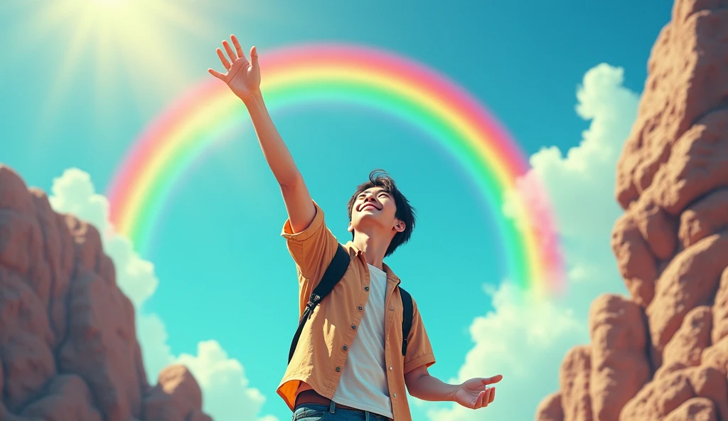 A Japanese male college student wearing fashionable clothes has a bright expression and is reaching out to the sky with a rainbow,Excited, Photo of your face, Rocks rising from the ground, with a natural look, With a slightly tired look, tilt your face a little, Diagonal orientation, Average face
