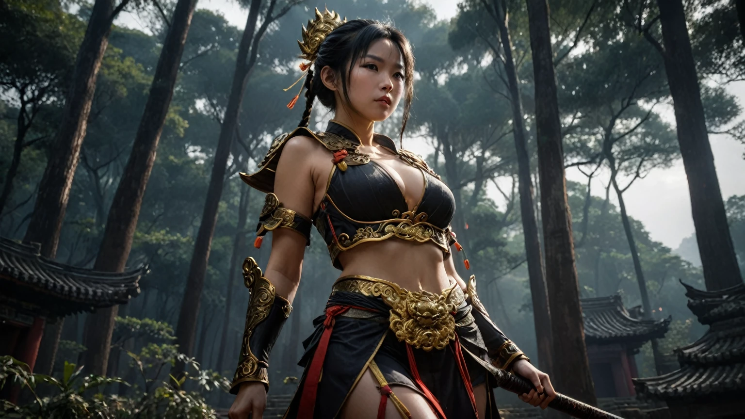 An ancient Chinese temple ruin in a forest, inspired by the game Black Myth Wu Kong, (low angle view), at dark night. (1girl, solo, alone), female Sun Wu Kong cosplayer, medium-breast slim:0.6 body, oval:0.4 face, cleavage:1.1, WU KONG's costume and outfits, GOLDEN CUDGEL, HOLDING WEAPON, (slightly leaning forward running pose), half-body thigh level medium shot, cinematic lighting, ray tracing.