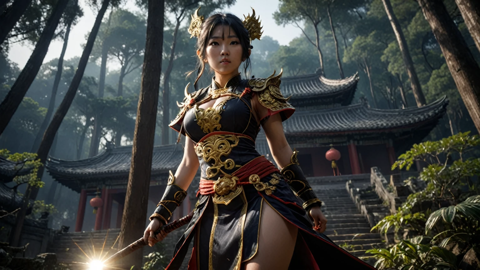 An ancient Chinese temple ruin in a forest, inspired by the game Black Myth Wu Kong, (low angle view), at dark night. (1girl, solo, alone), female Sun Wu Kong cosplayer, medium-breast slim:0.6 body, oval:0.4 face, cleavage:1.1, WU KONG's costume and outfits, GOLDEN CUDGEL, HOLDING WEAPON, (slightly leaning forward running pose), half-body thigh level medium shot, cinematic lighting, ray tracing.