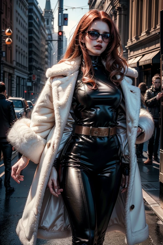 a beautiful young woman with long red hair, lora_Emma, wearing a tight black latex two piece suit, waist belt, a white fur coat, and sunglasses, standing outside,(best quality,4k,8k,highres,masterpiece:1.2),ultra-detailed,(realistic,photorealistic,photo-realistic:1.37),detailed face, detailed eyes, detailed lips, long eyelashes, beauty, fashion, portrait, glamorous, elegant, studio lighting, dramatic lighting, high contrast, vivid colors, cinematic,xuer white fur coat, coat on shoulders