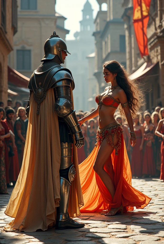 Belly dancer in the Middle Ages dancing for a knight in the middle of the square