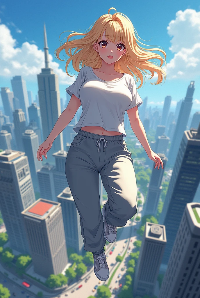 Attractive weightless anime girl with large breasts and blonde hair wearing sweatpants and a t-shirt while flying over a city