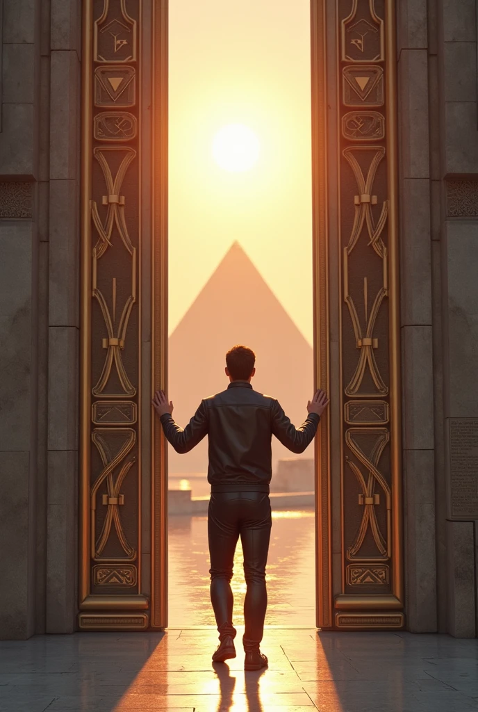 Un homme avec des vêtements futuristes pousse des deux mains des portes futuristes et décoré avec des motifs géométriques et face à lui une pyramide et au dessus le soleil.