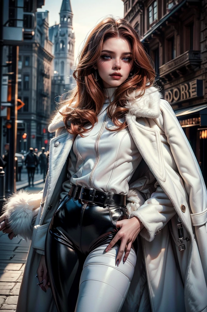 a beautiful young woman with long red hair, lora_Emma, wearing a tight black latex two piece suit, waist belt, a white fur coat, and sunglasses, standing outside,(best quality,4k,8k,highres,masterpiece:1.2),ultra-detailed,(realistic,photorealistic,photo-realistic:1.37),detailed face, detailed eyes, detailed lips, long eyelashes, beauty, fashion, portrait, glamorous, elegant, studio lighting, dramatic lighting, high contrast, vivid colors, cinematic,xuer white fur coat, coat on shoulders