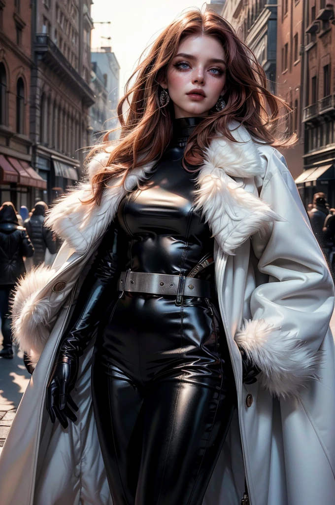 a beautiful young woman with long red hair, lora_Emma, wearing a tight black latex two piece suit, waist belt, a white fur coat, and sunglasses, standing outside,(best quality,4k,8k,highres,masterpiece:1.2),ultra-detailed,(realistic,photorealistic,photo-realistic:1.37),detailed face, detailed eyes, detailed lips, long eyelashes, beauty, fashion, portrait, glamorous, elegant, studio lighting, dramatic lighting, high contrast, vivid colors, cinematic,xuer white fur coat, coat on shoulders