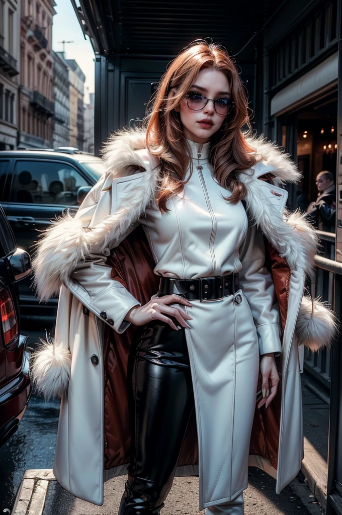 a beautiful young woman with long red hair, lora_Emma, wearing a tight black latex two piece suit, waist belt, a white fur coat, and sunglasses, standing outside,(best quality,4k,8k,highres,masterpiece:1.2),ultra-detailed,(realistic,photorealistic,photo-realistic:1.37),detailed face, detailed eyes, detailed lips, long eyelashes, beauty, fashion, portrait, glamorous, elegant, studio lighting, dramatic lighting, high contrast, vivid colors, cinematic,xuer white fur coat, coat on shoulders