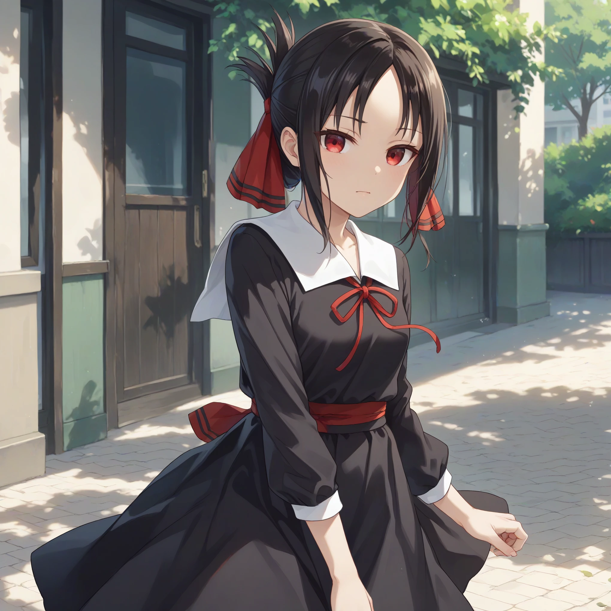 kaguya, bangs, black hair, red eyes, sidelocks, shinomiya kaguya,folded ponytail,parted bangs
hair ribbon, ribbon, red ribbon, dress, black dress, school uniform, shuuchiin academy school uniform