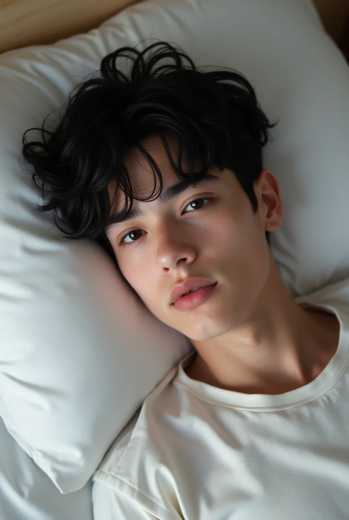 American boy white skin black hair black eyes lying in bed white shirt baby face boyfriend material, human, small face